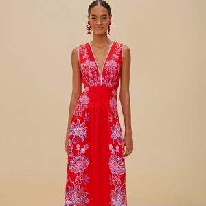 Farmrio Red Floral Euroflex Linen Midi Dress